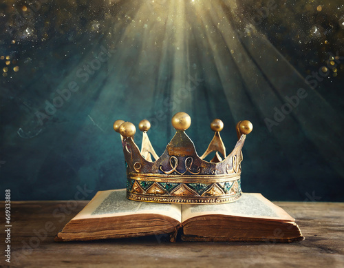 low key image of beautiful queen or king crown over antique book. vintage filtered. fantasy medieval period © Beste stock