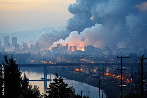 a city at night with smoke coming from the chimneys and buildings on either side of the river in the fore