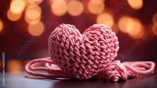 Cute 3D composition pink rope in heart shape knot on light golden bokeh background. Love valentine. copy text space. advertisement  banner  card. for template  presentation.