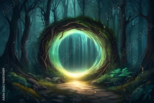 Magical majestic portal in the shape of a circle in Mystical dark forest. 