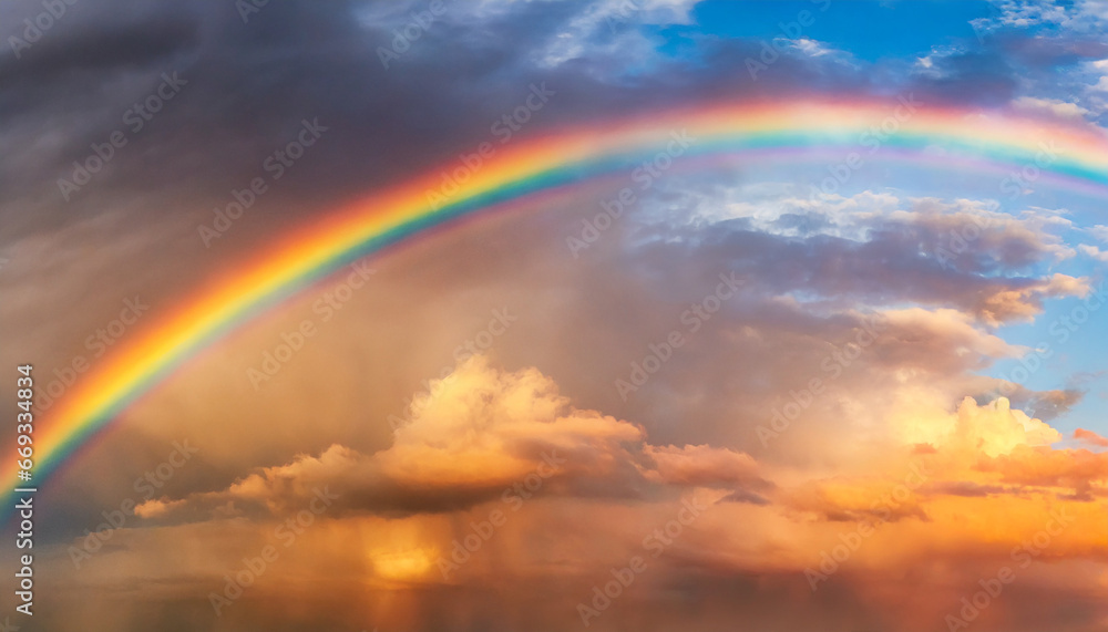 Panoramic background of stormy sky with rainbow and dramatic clouds at sunset