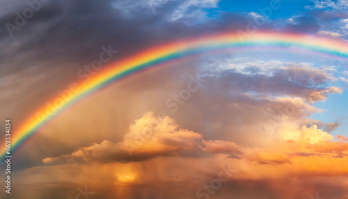 Panoramic background of stormy sky with rainbow and dramatic clouds at sunset © Beste stock