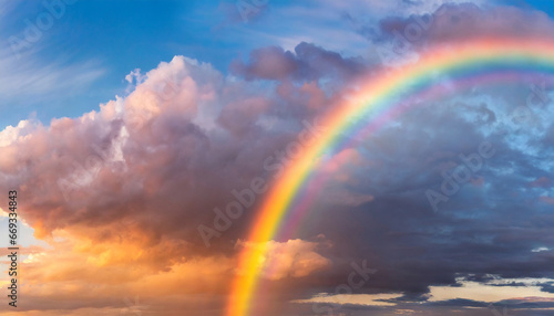 Panoramic background of stormy sky with rainbow and dramatic clouds at sunset © Beste stock