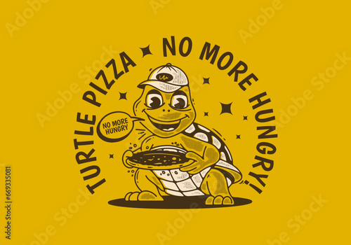 Turtle pizza, no more hungry. Mascot character illustration of a turtle holding pizza