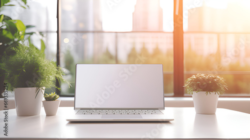 Laptop with on white table decorated with plant cozy interior work from home Stylish and Efficient  Laptop Setup on a White Table Surrounded by Cozy Interior and Plants generative ai 