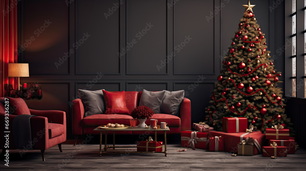Obraz premium black and red living room with christmas decorations