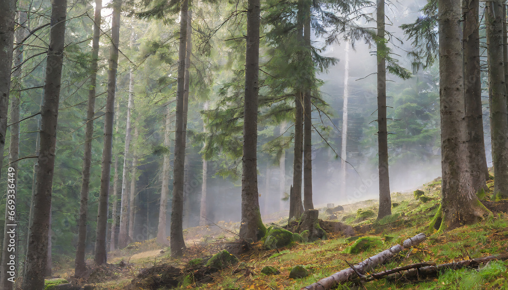 Obraz premium Natural Forest of Spruce Trees with Fog