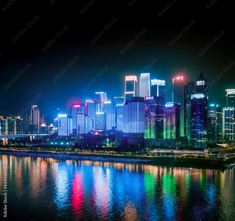 Neon night scene of river city in Yuzhong District, Chongqing