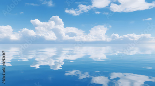 blue sky with clouds  Fluffy white clouds mirrored on the surface of a calm ocean