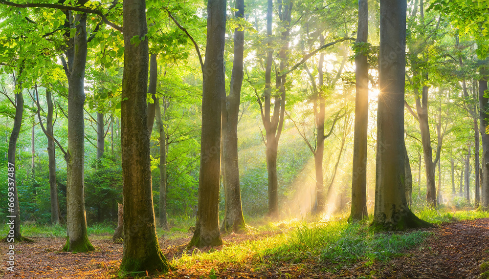 Obraz premium Panorama of Natural Beech and Oak Tree Forest with Sunbeams through Morning Fog