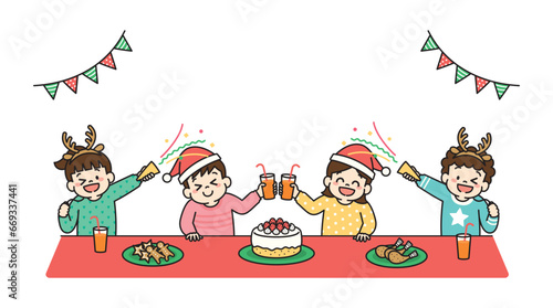 クリスマスパーティーをする子供達のイラスト