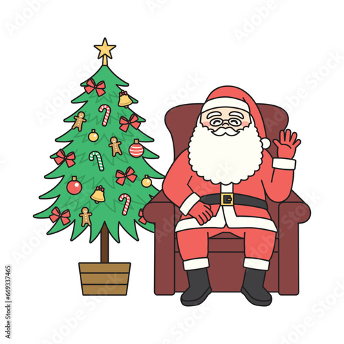 サンタクロースとクリスマスツリーのイラスト