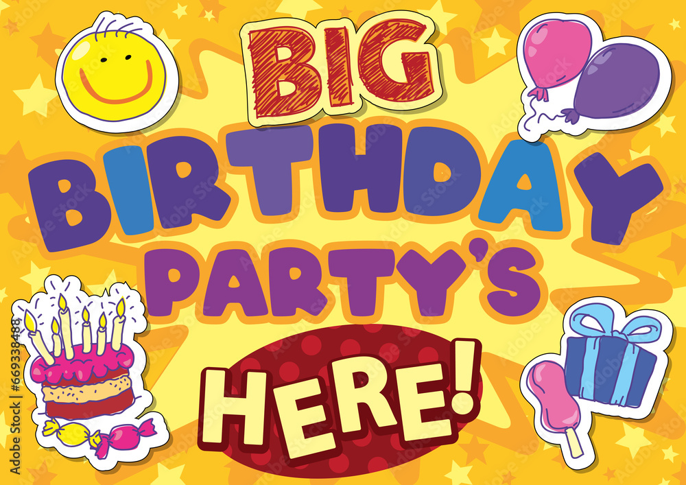 Big birthday party poster design with hand drawn elements 