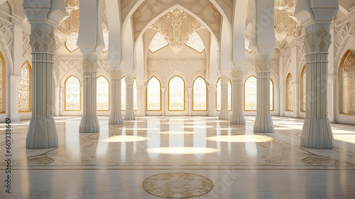 luxury mosque interior with white theme. a white interior mosque with arches