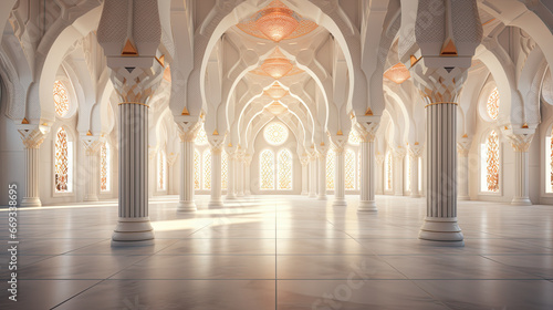 luxury mosque interior with white theme. a white interior mosque with arches photo