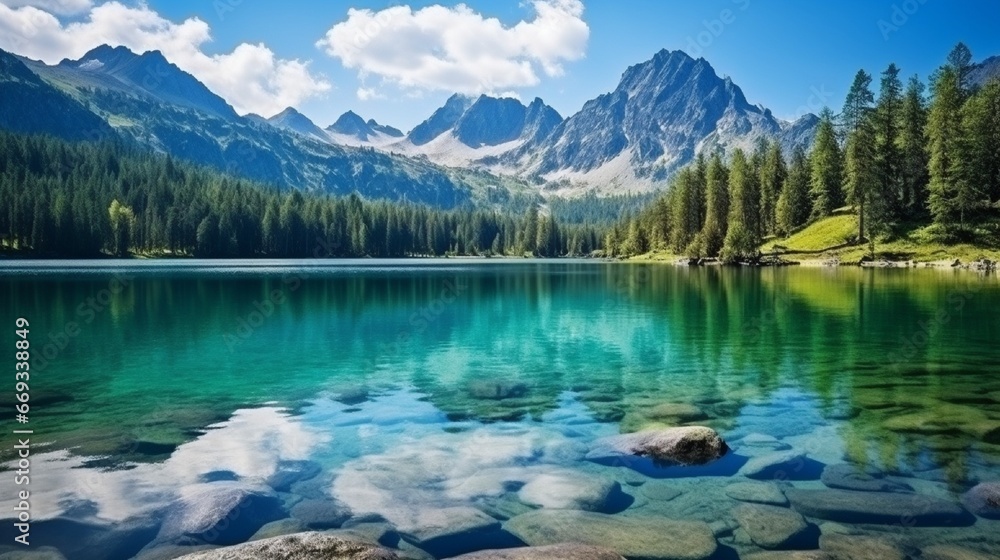 Mountain lake in National Park High Tatra. Strbske pleso, Slovakia, Europe. Beauty world - obrazy, fototapety, plakaty 