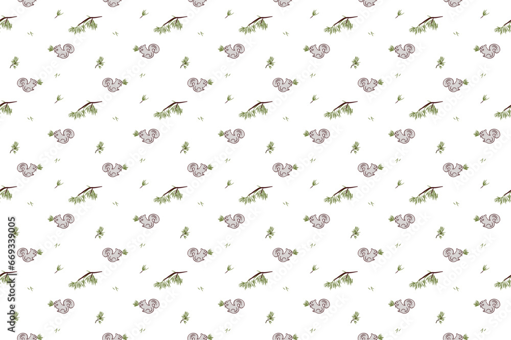 Bouquet of pine branches with squirrel as seamless pattern background