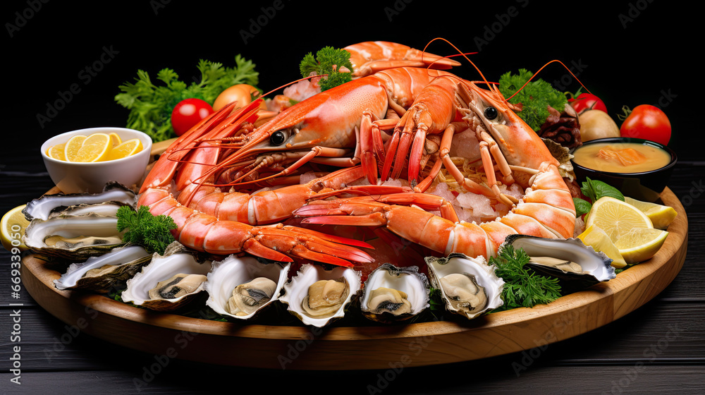 seafood platter on wooden plate. dark background seafood platter on wooden plate. dark background
