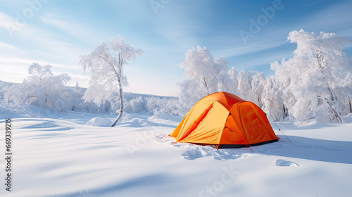 an orange tent and snow covered trees in winter forest