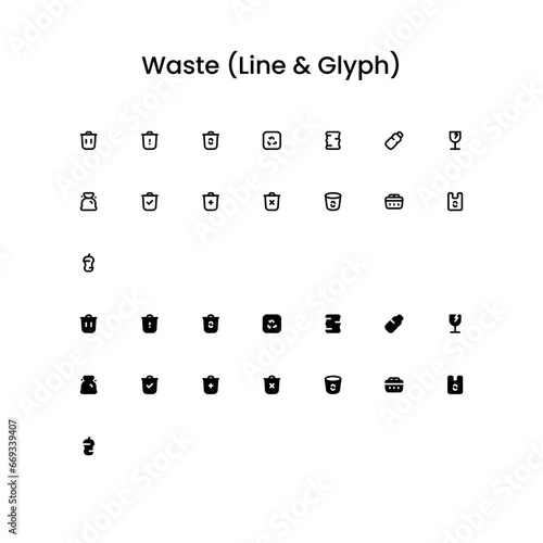 Waste/Rubbish Editing Outline and Glyph (Solid) Icon Set