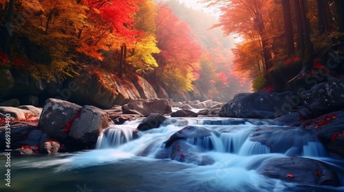Waterfall in autumn colors. Nature landscape in mountain. colorful forest landscape. Autumn landscape in the waterfall flowing from the mountain. Colorful autumn scenery. colorful leaves in forest
