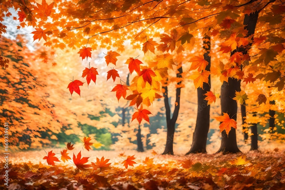 Falling maple leaves in a natural setting.vibrant foliage
