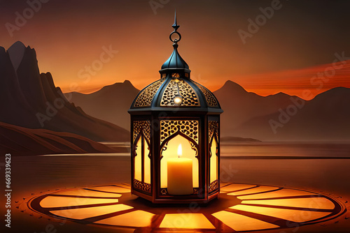 Ornamental Arabic lantern with burning candle glowing .