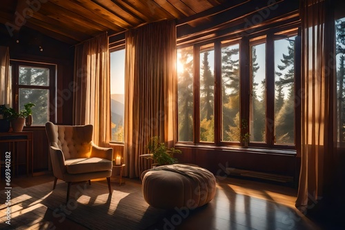 A painterly interpretation of an open window overlooking a picturesque natural scene, the old-fashioned design enhancing the sense of timeless beauty © usama