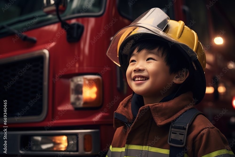Portrait of cute little boy wearing firefighter uniform in the fire department Portrait of cute little boy wearing firefighter uniform in the fire department