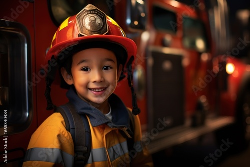 Portrait of cute little boy wearing firefighter uniform in the fire department photo