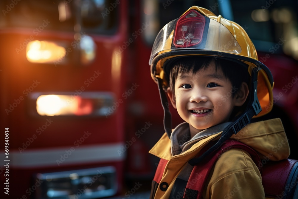 Portrait of cute little boy wearing firefighter uniform in the fire department Portrait of cute little boy wearing firefighter uniform in the fire department