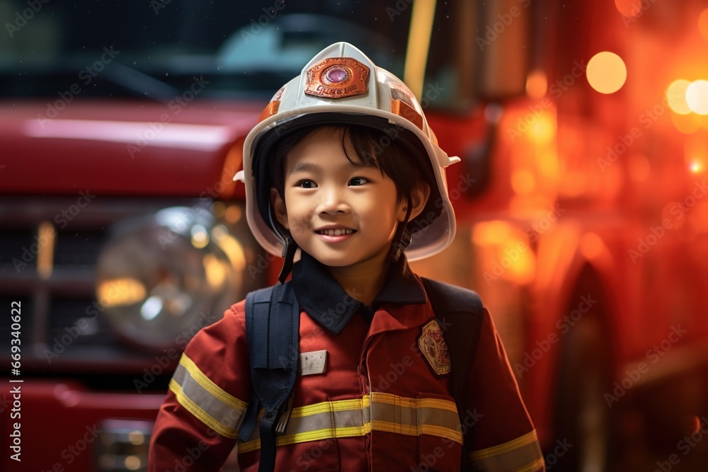 Portrait of cute little boy wearing firefighter uniform in the fire department Portrait of cute little boy wearing firefighter uniform in the fire department