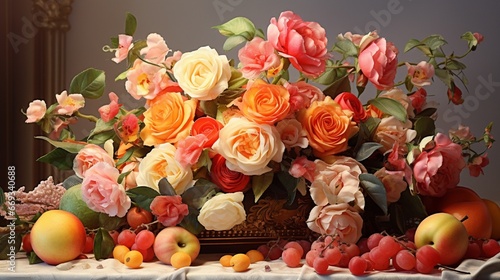 Rich bunch of summer flowers and roses with fruits (melon, peach and apricot)