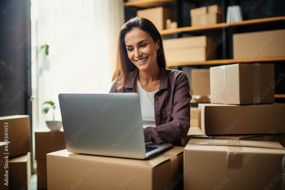 Online store seller during an online conversation with a buyer. A middle aged white woman in front of laptop monitor in a warehouse of packaged products and communicates with a customer. Online store seller during an online conversation with a buyer. A middle aged white woman in front of laptop monitor in a warehouse of packaged products and communicates with a customer.