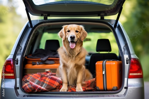 Dog sitting in car trunk waiting for owner to return with ears perked up listening for sign. Domestic pet sitting in open car trunk waits return to home guarding owner things