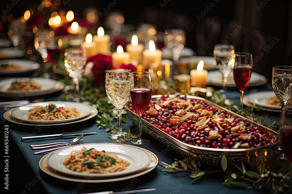 a table setting with food and wine glasses on the table, candles are lit in the dark room behind it - obrazy, fototapety, plakaty 
