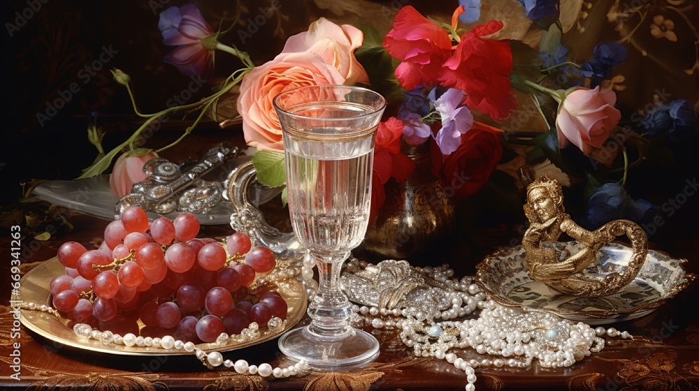 still life with a bouquet, jewelry and glass at the ladies' table