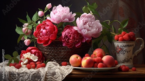 Still life with a beautiful bouquet of peonies and fruit