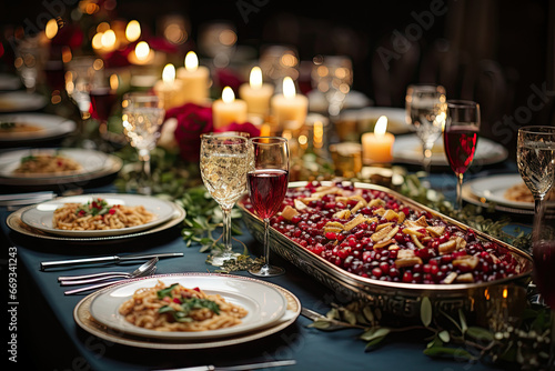 a table setting with food and wine glasses on the table, candles are lit in the dark room behind it