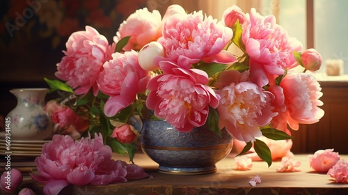 Still life with beautiful pink peonies