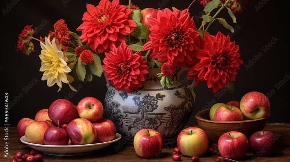 Still life with dahlias and apples (textured for artistic effect) Still life with dahlias and apples (textured for artistic effect)