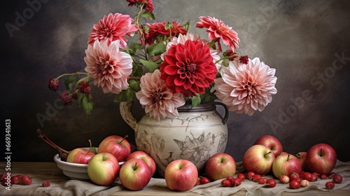 Still life with dahlias and apples (textured for artistic effect)