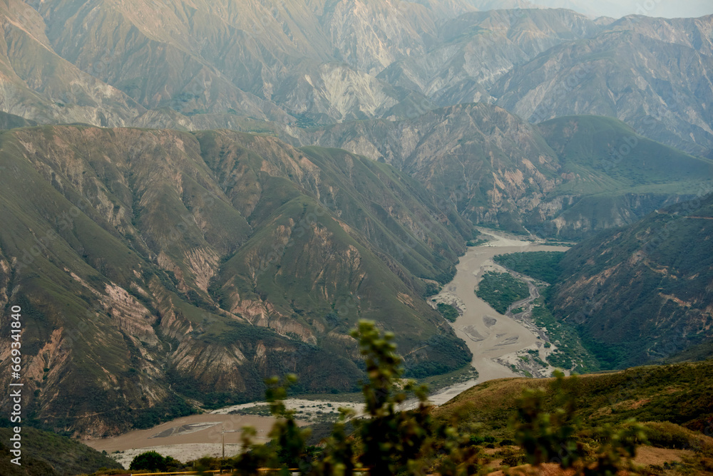 Chicamocha river and Canyon, mountainous landscape of the Colombian Andes, in Santander, Colombia.