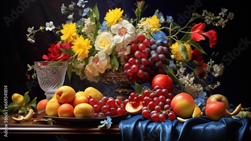 Still life with Fruits were placed together a vase of flowers beautifully.