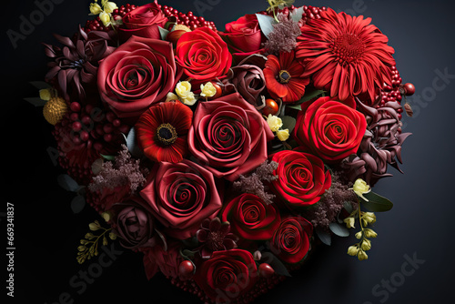 red roses in the shape of a heart on a black background with space for your text valentine s day