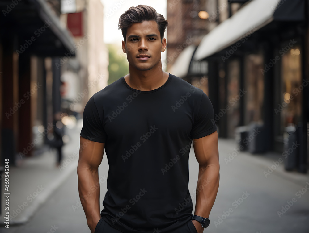 Handsome young man in casual clothes standing on city street. Handsome young man in casual clothes standing on city street.