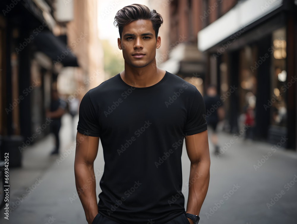 Handsome young man in casual clothes standing on city street.