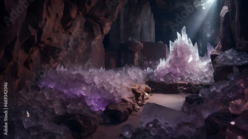 Interior view of a cave with purple-white amethyst crystals. Illuminated by a focused beam of light, the crystals present an enchanting natural spectacle. photo