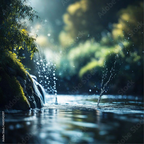 a tranquil river with golden bokeh lights in the background evokes the enchantment of a mystical twilight. soft, diffused lighting, ethereal reflections, gentle ripples, serene beauty | Generative AI