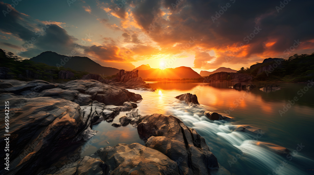 Beautiful majestic mountain landscape with wide scenic river under the sunlight and sunbeams